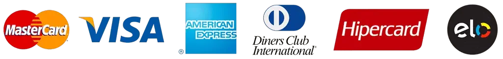 Aceitamos MasterCard, Visa, American Express, Diners Club, Hipercard e Elo